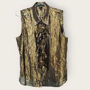 LAUREN RALPH LAUREN Top | Womens Size 12 | Gold Metallic Silk Sleeveless Ruffle